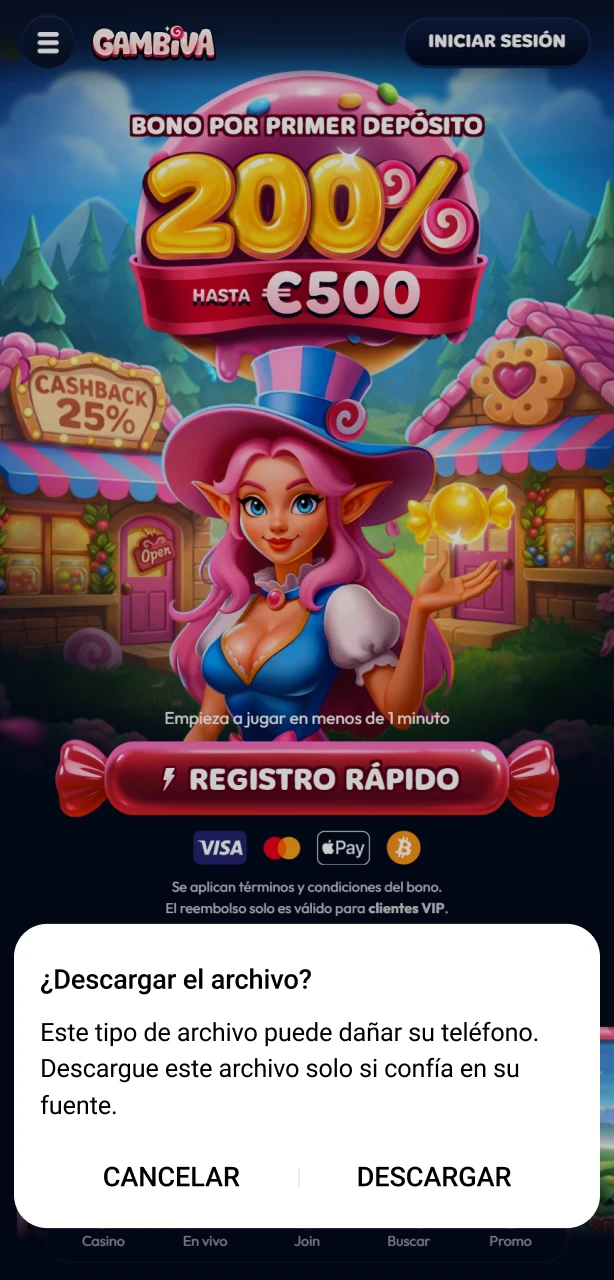 Acepta la descarga en la ventana emergente en tu dispositivo Android con Gambiva.