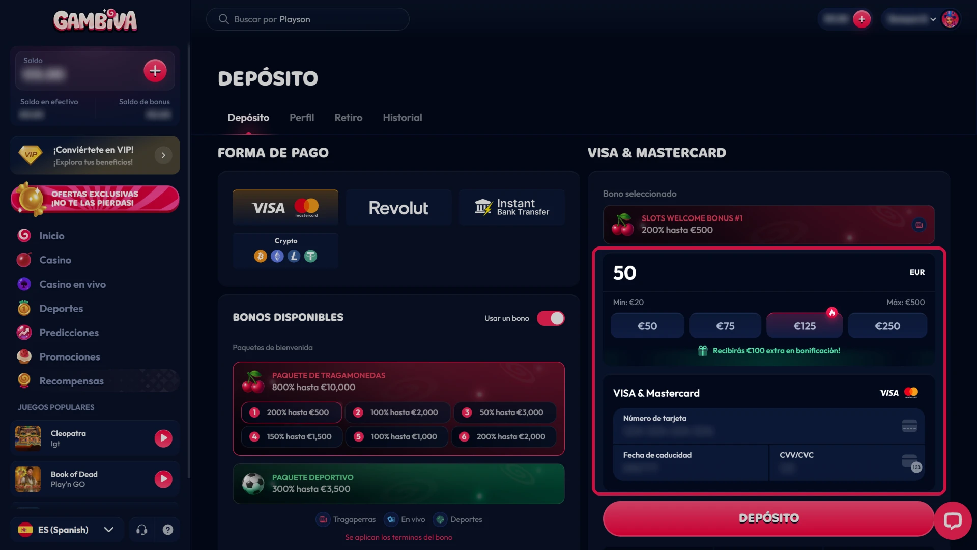 Realiza tu primer depósito en Gambiva y asegura tu saldo para jugar.