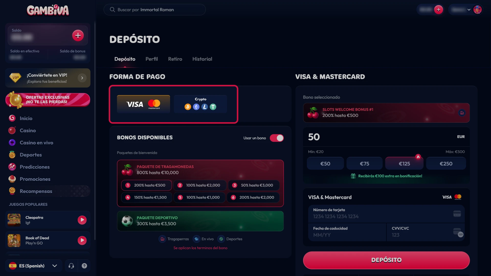 Elige tu método de pago preferido para depositar dinero de forma segura en Gambiva.