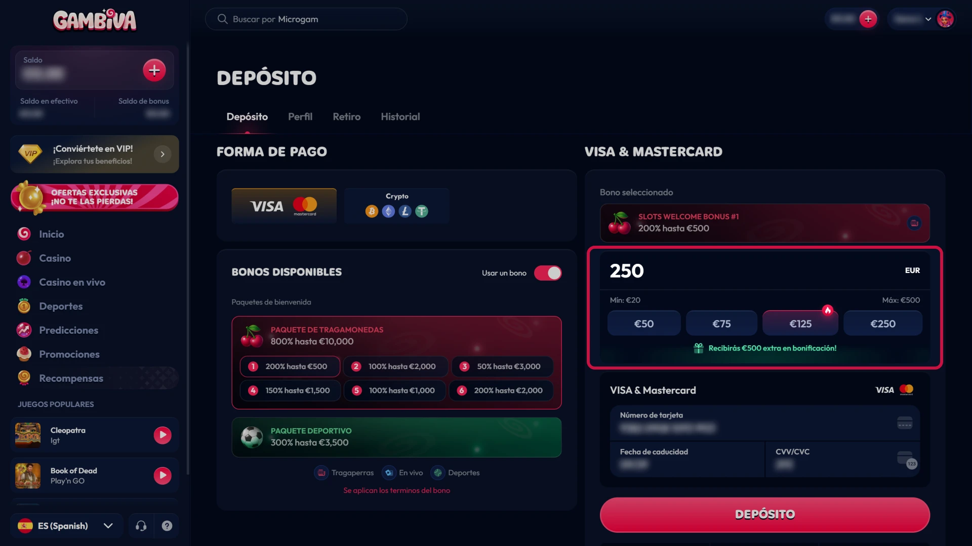 Introduce el importe del depósito en Gambiva y prepárate para jugar con dinero real.