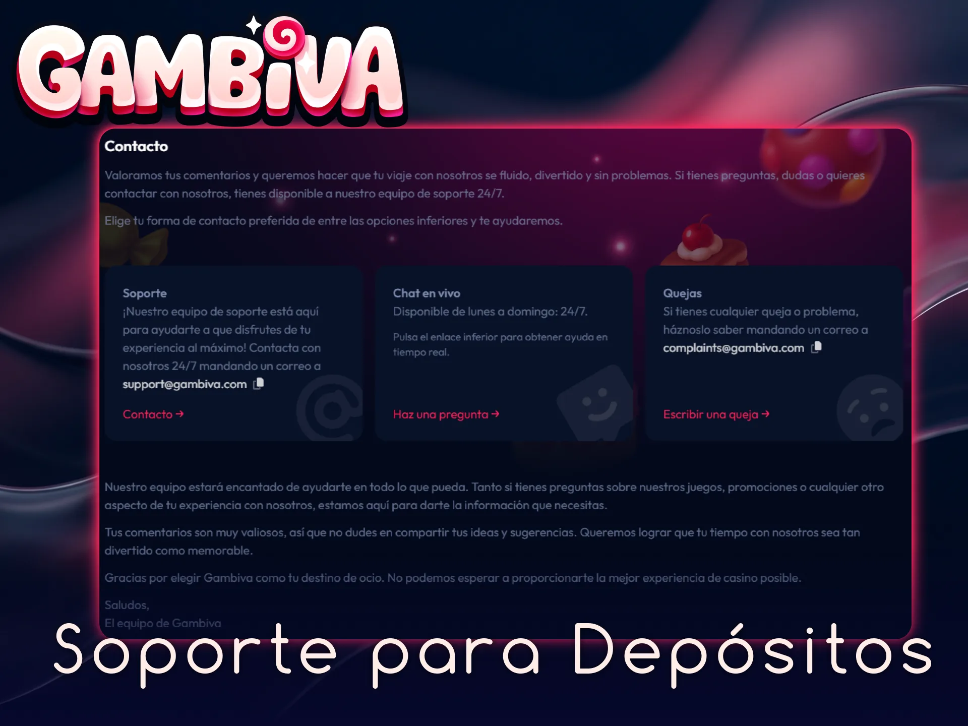Contacta con el soporte de Gambiva para resolver incidencias con depósitos de forma rápida.