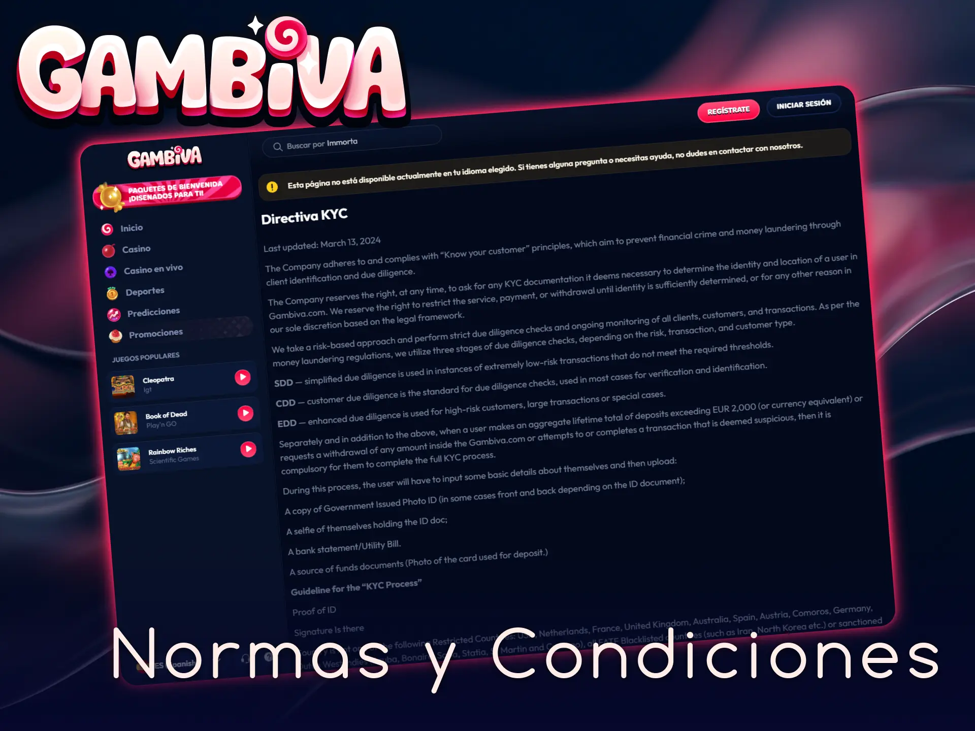 Revisa las normas y condiciones de uso antes de jugar en Gambiva.