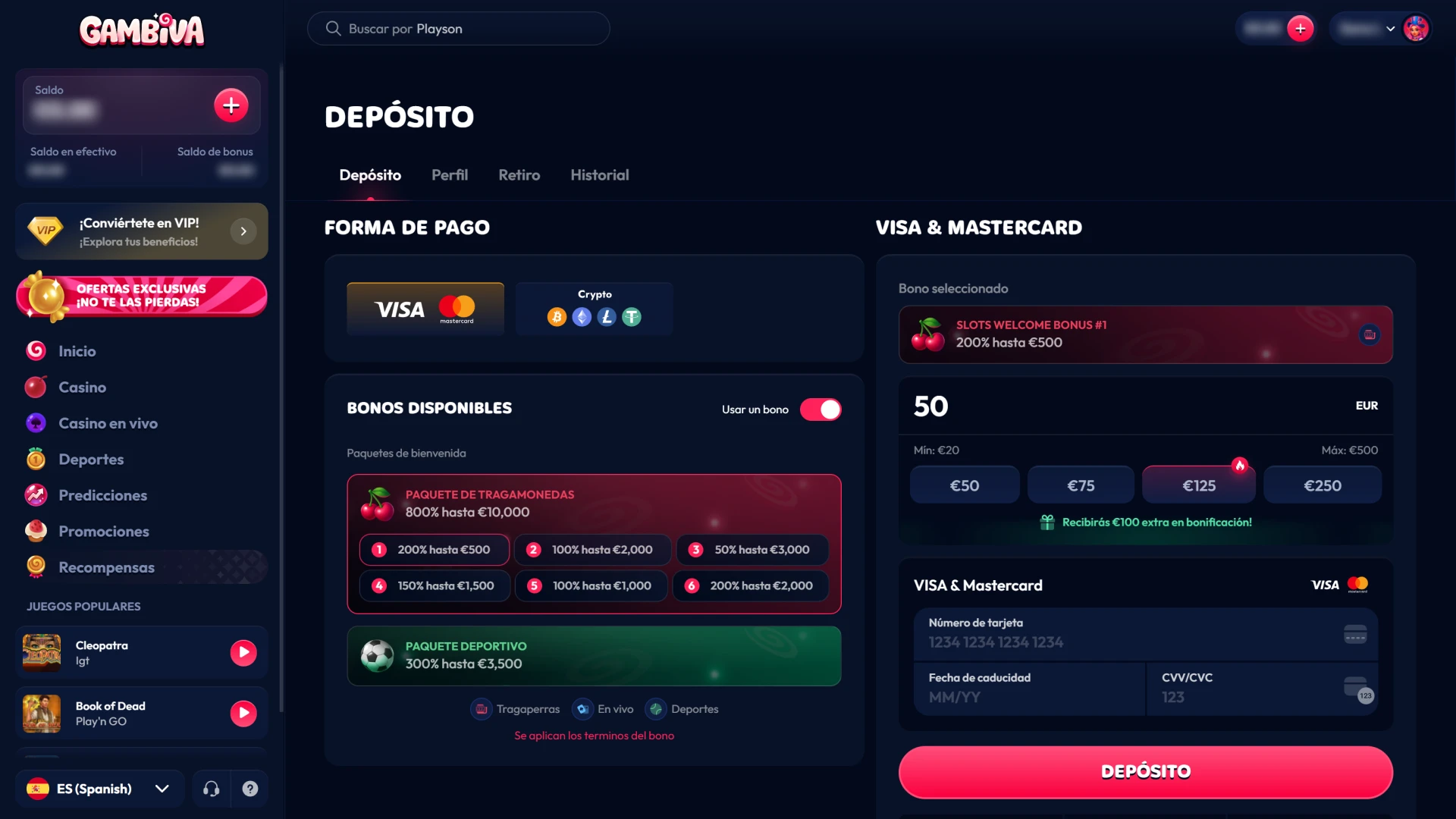Realiza un depósito en tu cuenta de Gambiva y obtén fondos de juego.