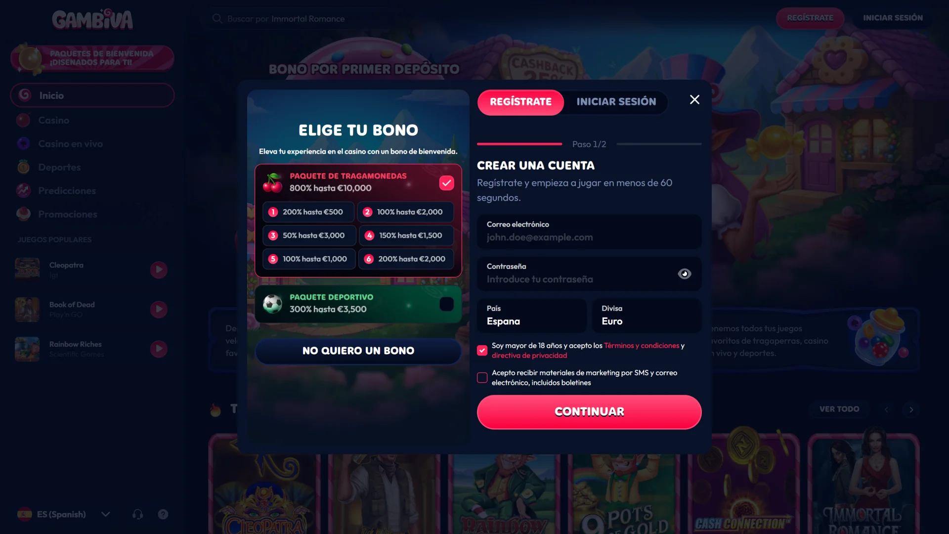 Completa tu registro o inicia sesión en Gambiva para apostar en línea.
