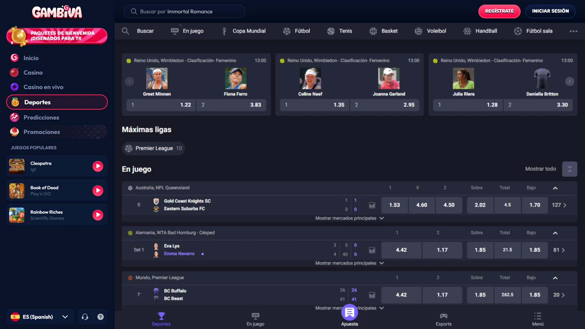 Explora la sección de deportes de Gambiva para realizar apuestas en directo.