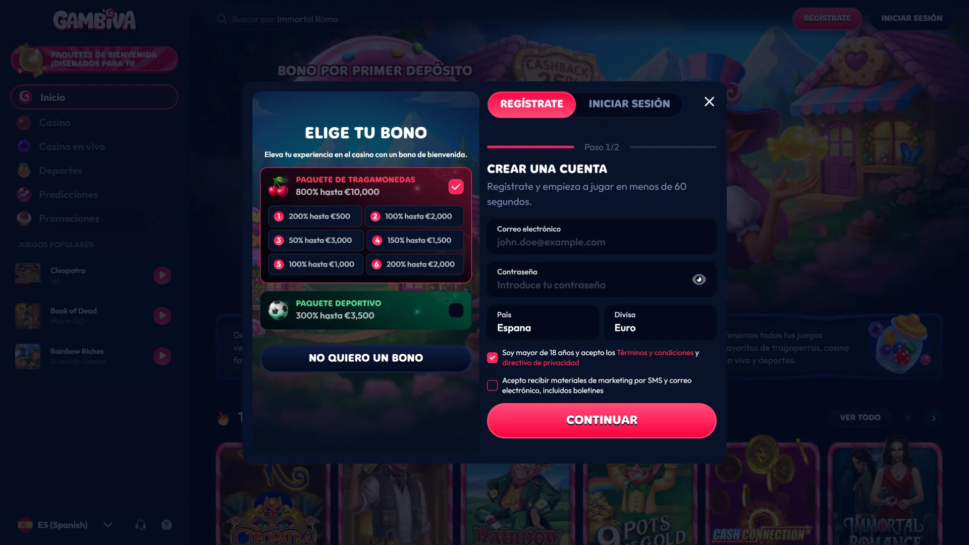 Crea tu cuenta en Gambiva España para empezar a optar a tus promociones.