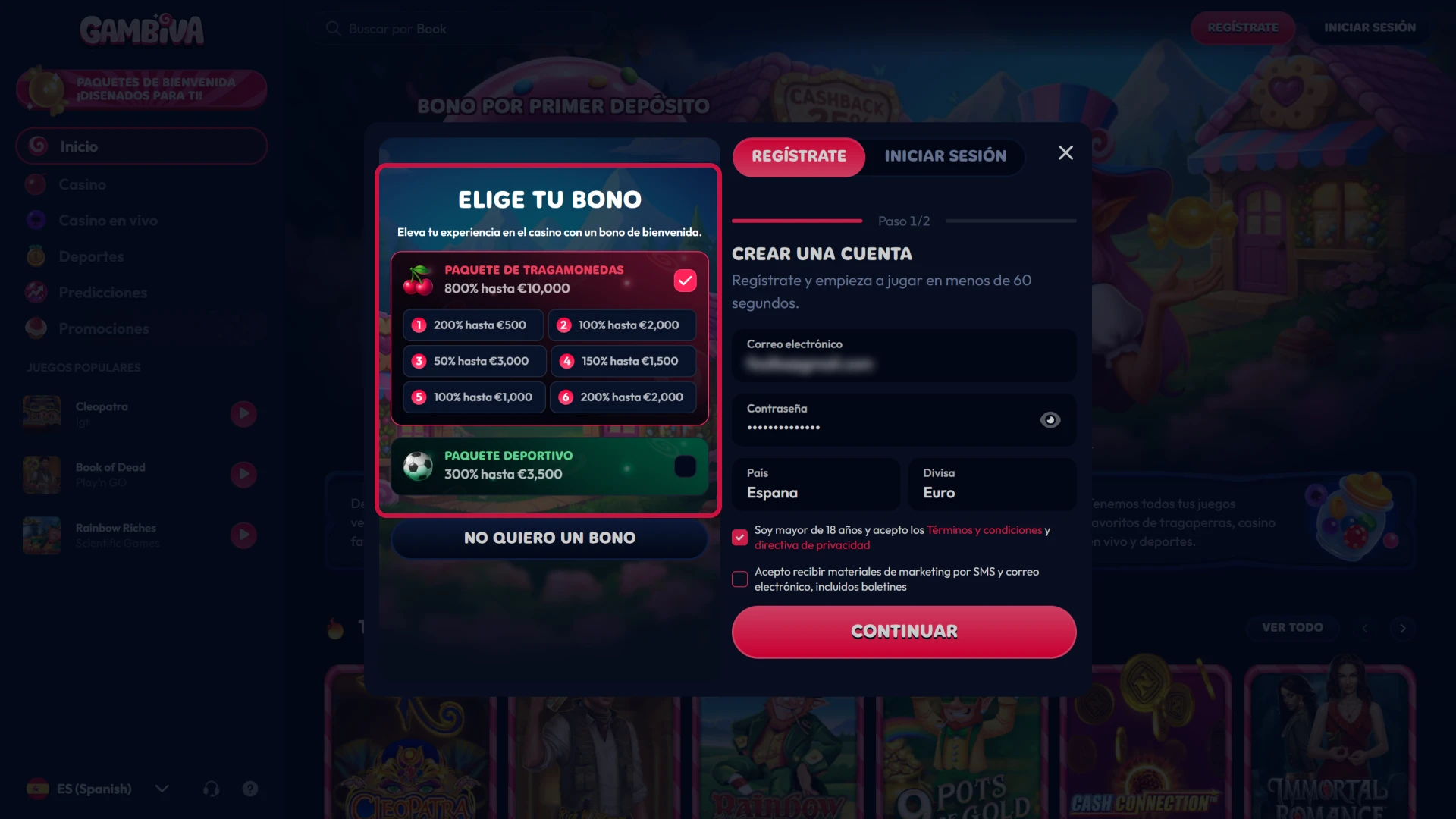 Selecciona el bono durante el registro en Gambiva para activarlo en tu perfil.
