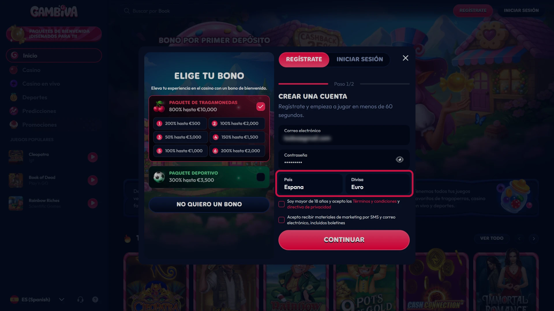 Elige tus credenciales y moneda para configurar tu perfil en Gambiva.