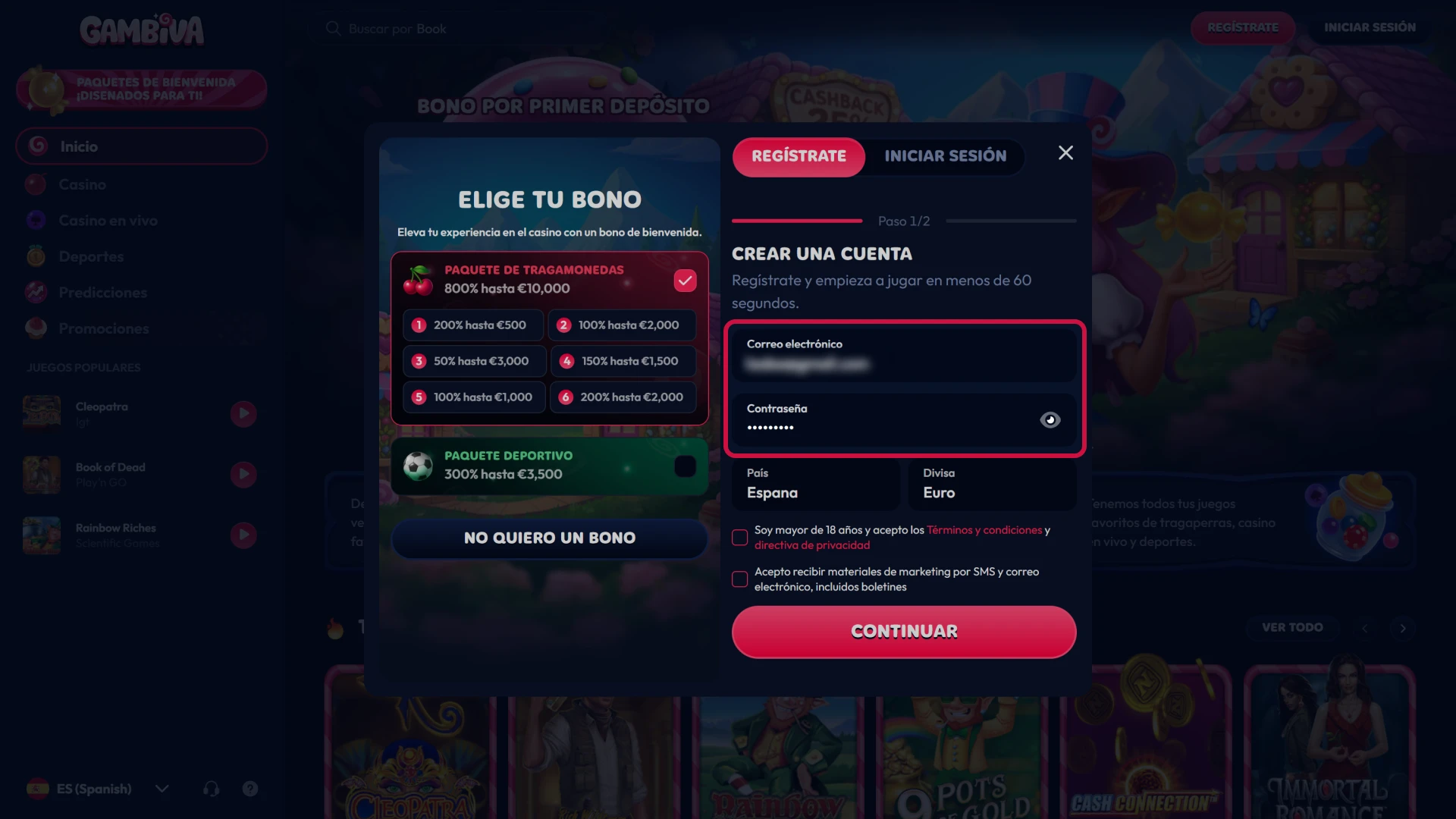 Introduce tus datos personales de manera segura en el registro de Gambiva.
