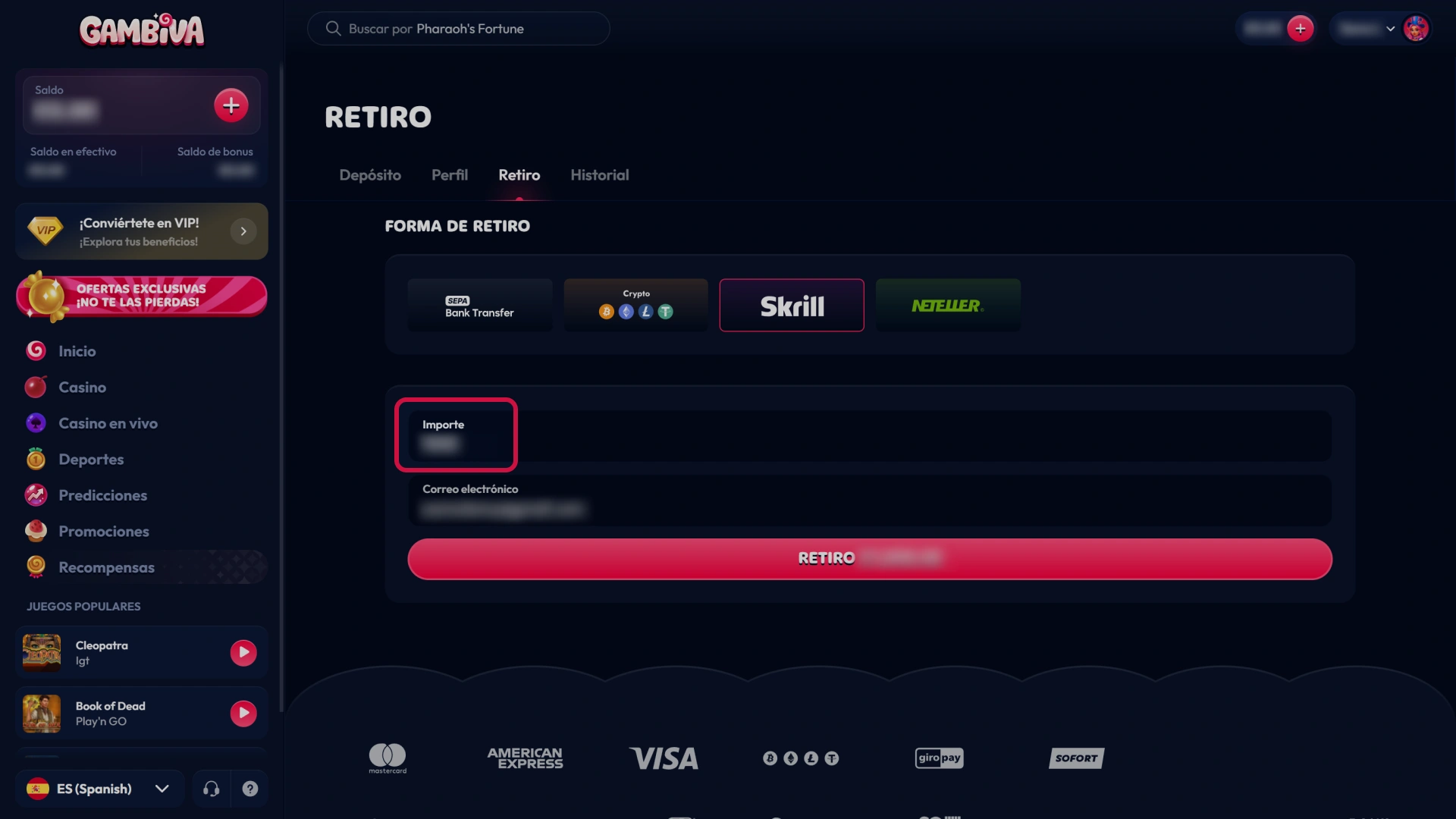 Introduce el importe a retirar de Gambiva y asegúrate de cumplir los requisitos.